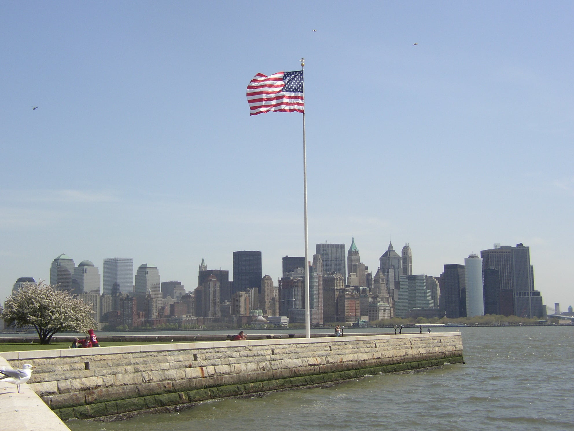 Flag in front of Manhattan, New York