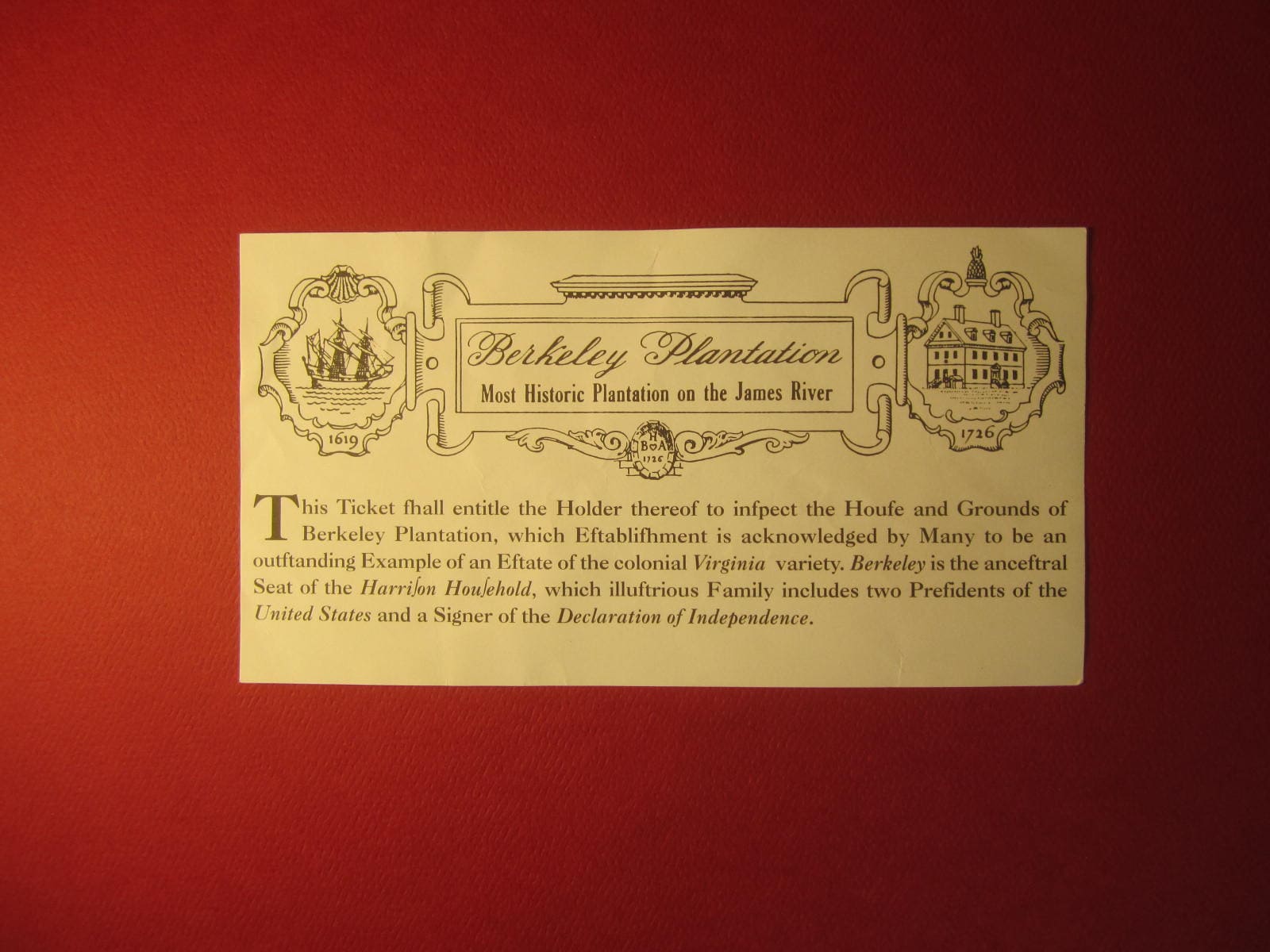 Berkeley Plantation Ticket - William Henry Harrison's Birthplace