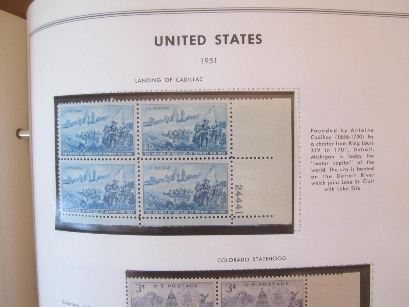 Cadillac founding Detroit plate block stamps - 1951