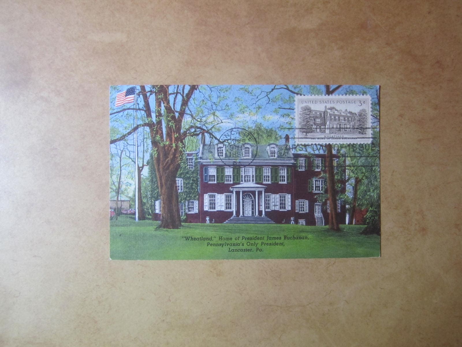 James Buchanan First Day Cover Postcard of Wheatland - Genuine Curteich Chicago "CT Art-Colortone" Postcard
