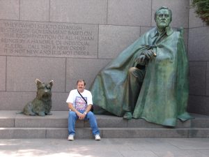 Wayne, Fala and FDR at the FDR Memorial in Washington DC
