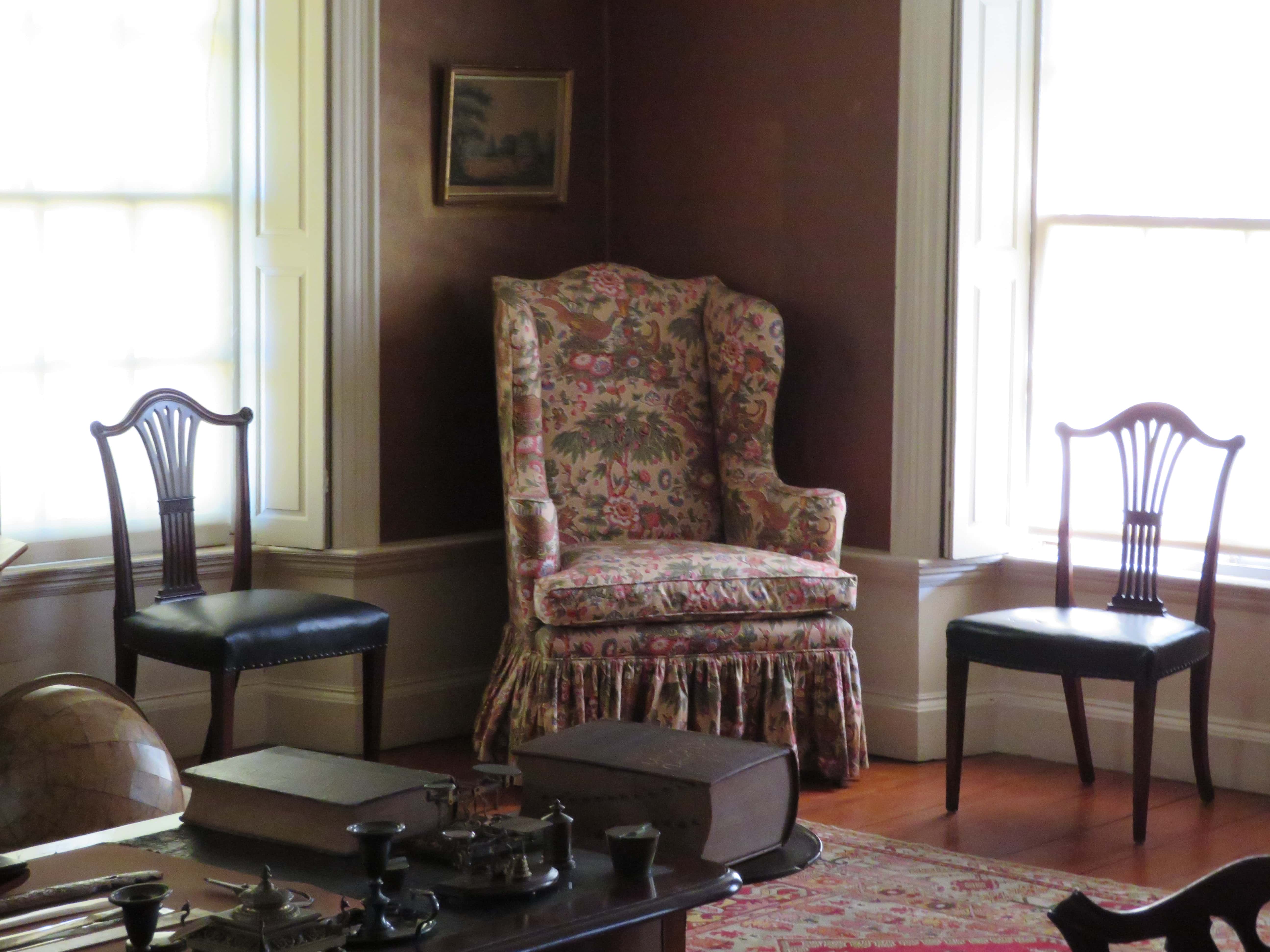 The Old House - Room where John Adams died - Chair he had stroke watch parade- Quincy, MA